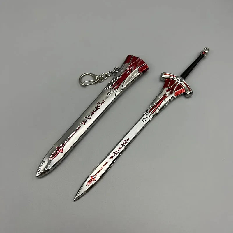 Anime-style 1:6 zinc alloy replica sword with sheath, red and silver, collectible display.