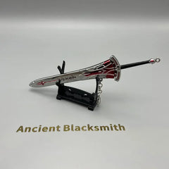 Anime-style zinc alloy sword replica with red accents on display stand, Ancient Blacksmith label