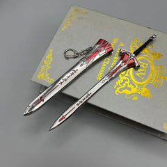 Anime-style 1:6 zinc alloy sword replica with sheath, red and silver, on a book background.