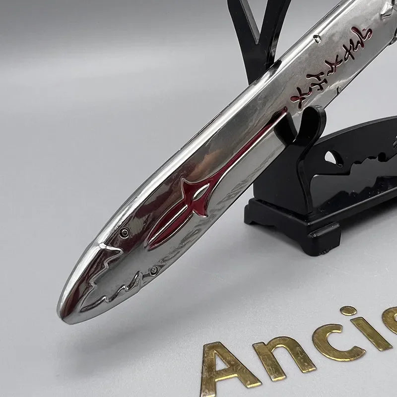 1:6 scale anime-style zinc alloy sword replica with red accents on a display stand