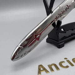 1:6 scale anime-style zinc alloy sword replica with red accents on a display stand