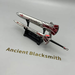 1:6 scale anime sword replica with red accents on display stand, Ancient Blacksmith text below