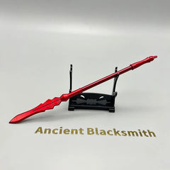 Red zinc alloy anime-style spear replica on display stand, Ancient Blacksmith collectible.