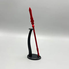 Red anime-style zinc alloy spear replica on black display stand collectible