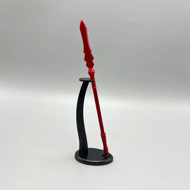 Red anime-style zinc alloy spear replica on black display stand collectible
