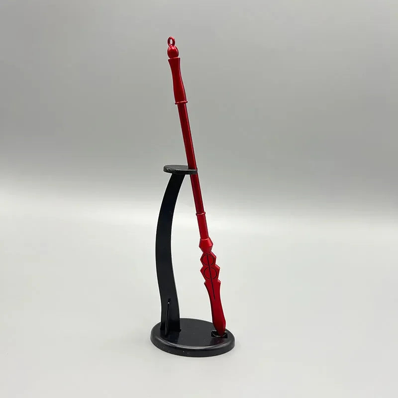 Red 1:6 anime-style zinc alloy weapon replica on black display stand, collectible cosplay prop