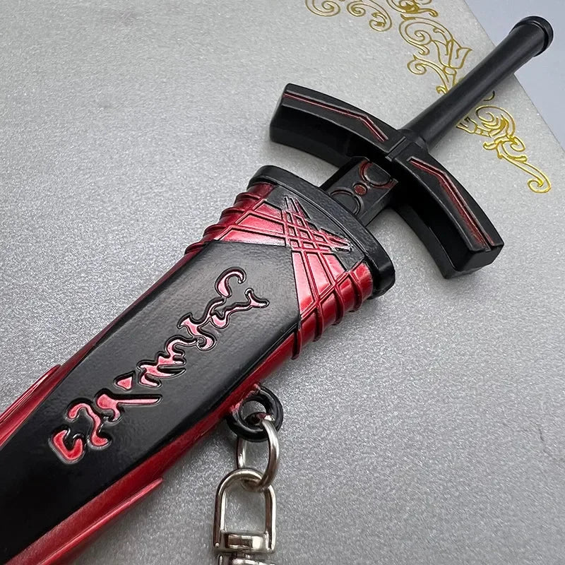 Anime-style zinc alloy sword replica keychain with red and black details on silver background.