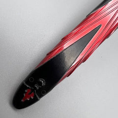 Anime-style 1:6 zinc alloy weapon replica with red and black details on display