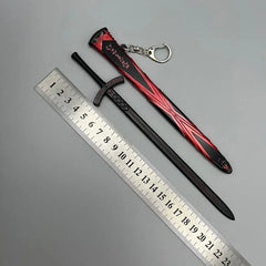 1:6 scale anime-style black zinc alloy sword replica with red sheath, ruler, and keychain