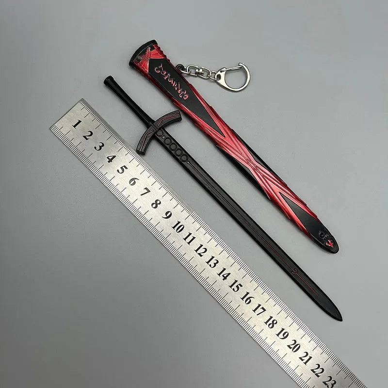 1:6 scale anime-style black zinc alloy sword replica with red sheath, ruler, and keychain