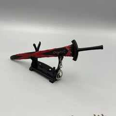 Anime-style 1:6 zinc alloy sword replica with red and black design on display stand.