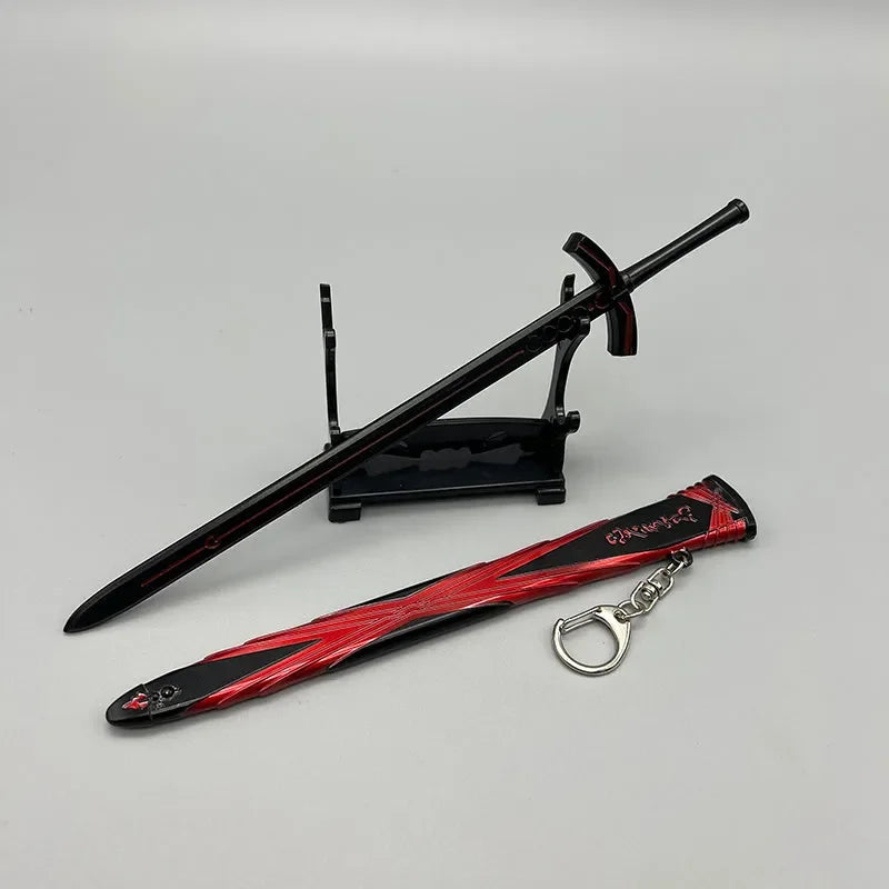 Anime-style black and red zinc alloy sword replica with sheath, display stand, and keychain.