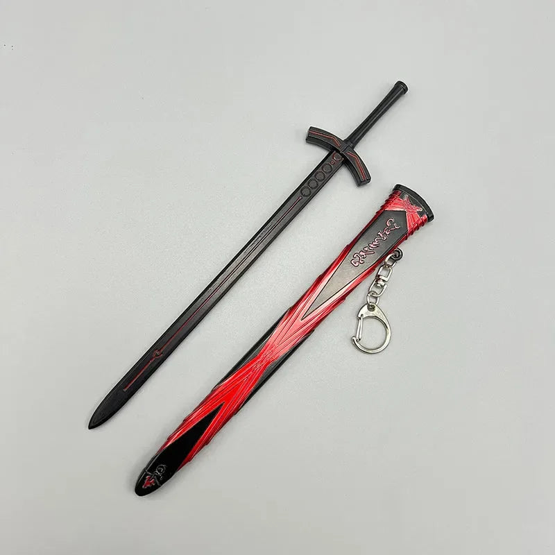 Anime-style black and red zinc alloy sword replica with sheath and keychain, collectible display