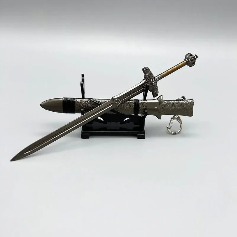 1:6 scale anime-style zinc alloy sword replica with sheath on display stand, collectible item