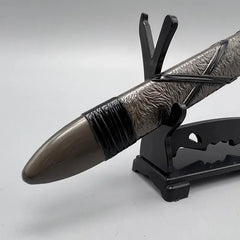 Anime-style zinc alloy sword replica with textured scabbard on display stand