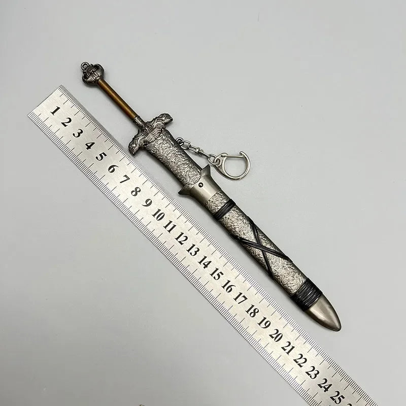 Anime-style zinc alloy sword keychain collectible with ornate handle beside a ruler, BlacksmithSONG.
