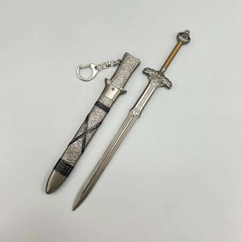 1:6 scale anime-style zinc alloy sword replica with sheath and keychain on a white background