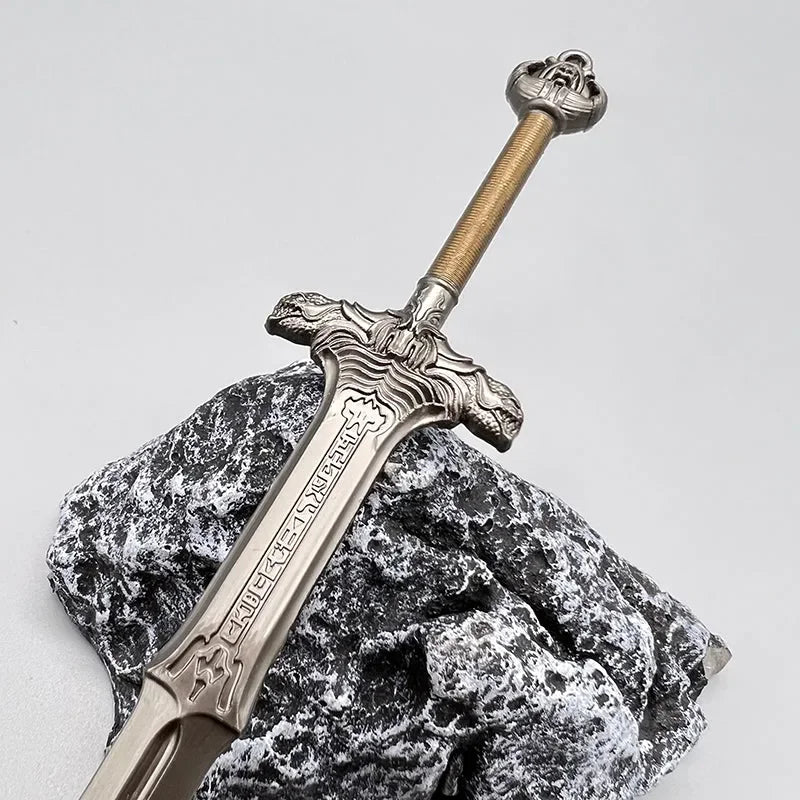 Anime-style zinc alloy sword replica on textured rock, collectible cosplay weapon