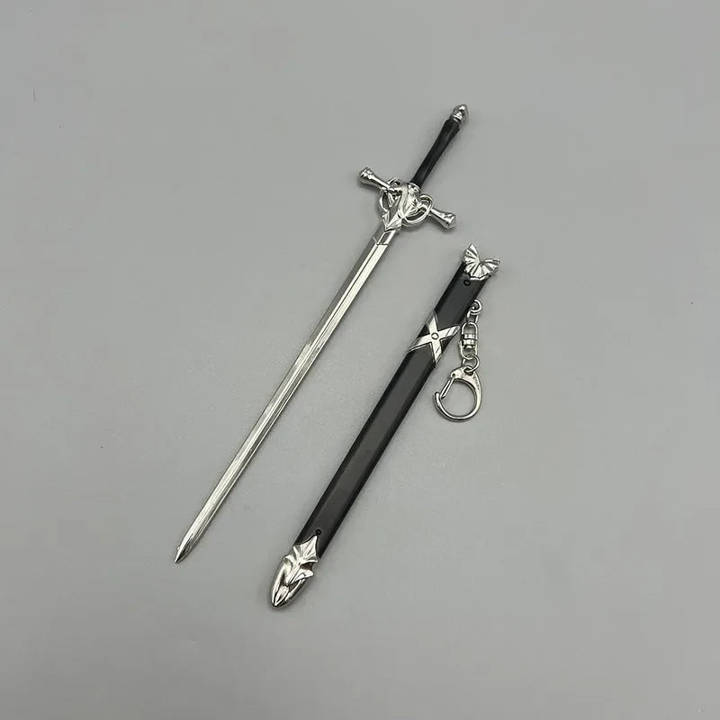1:6 scale anime-style zinc alloy sword replica with black scabbard and keychain on gray background