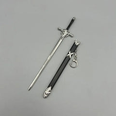 1:6 scale anime-style zinc alloy sword replica with black scabbard and keychain on gray background