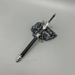 1:6 anime-style zinc alloy sword replica with black sheath and silver details on stone