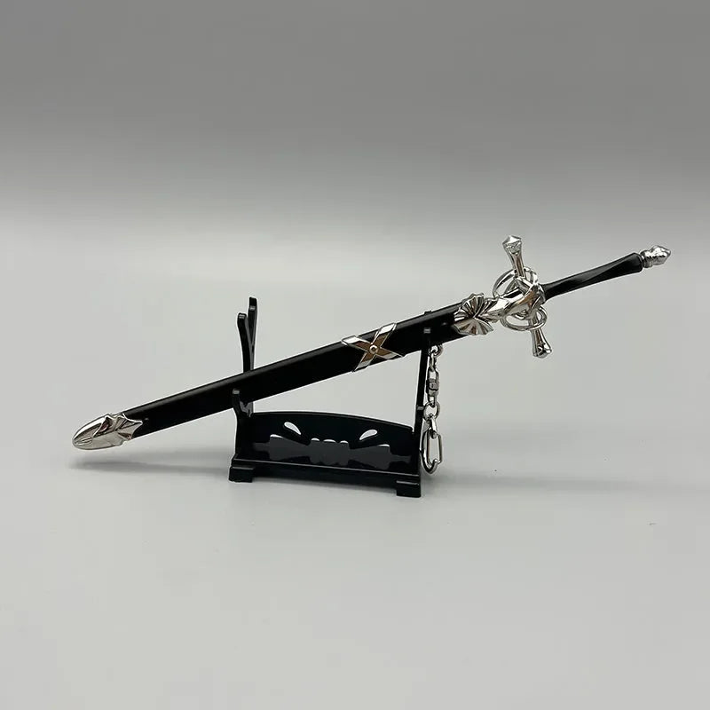 Anime-style 1:6 zinc alloy sword replica on display stand, collectible cosplay weapon.
