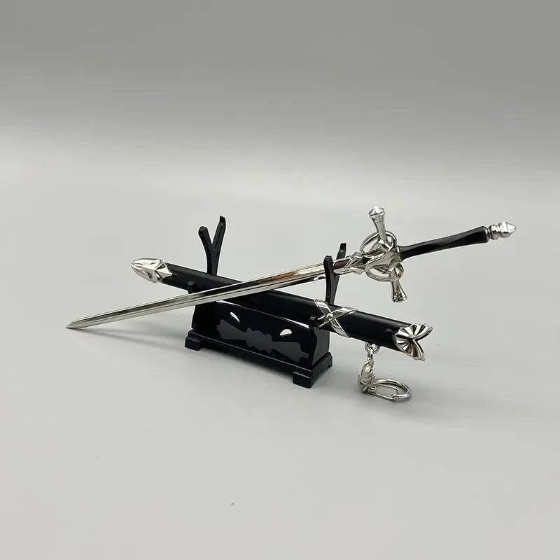 Anime-style 1:6 zinc alloy sword replica with black and silver hilt on display stand
