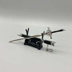 Anime-style 1:6 zinc alloy sword replica with black and silver hilt on display stand