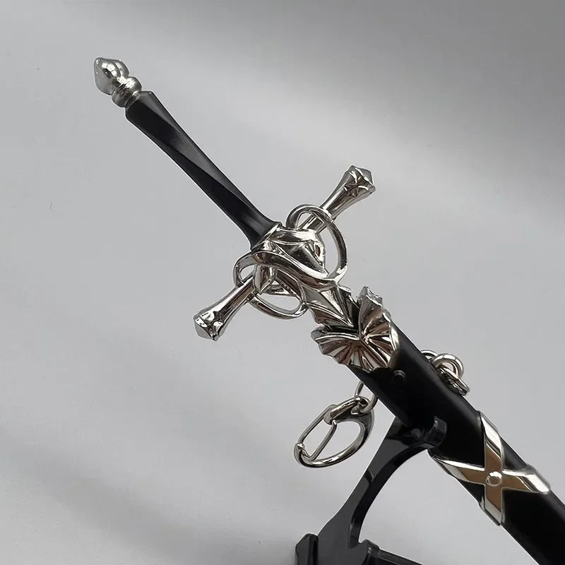 Anime-style zinc alloy sword replica with black and silver detailing on display stand