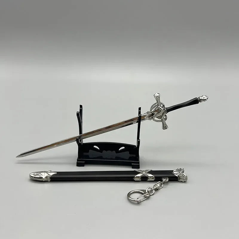 1:6 scale anime-style zinc alloy sword replica with black stand and matching sheath keychain.