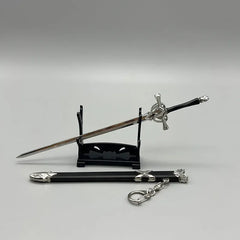 1:6 scale anime-style zinc alloy sword replica with black stand and matching sheath keychain.