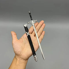 Hand holding 1:6 scale anime-style zinc alloy sword replica with black sheath, BlacksmithSONG collectible.