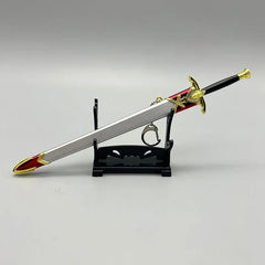 Anime-style zinc alloy sword replica with red and gold accents on display stand