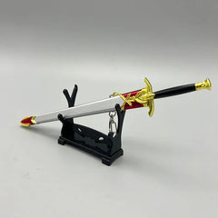 1:6 anime-style zinc alloy sword replica with gold accents on display stand, collectible from BlacksmithSONG