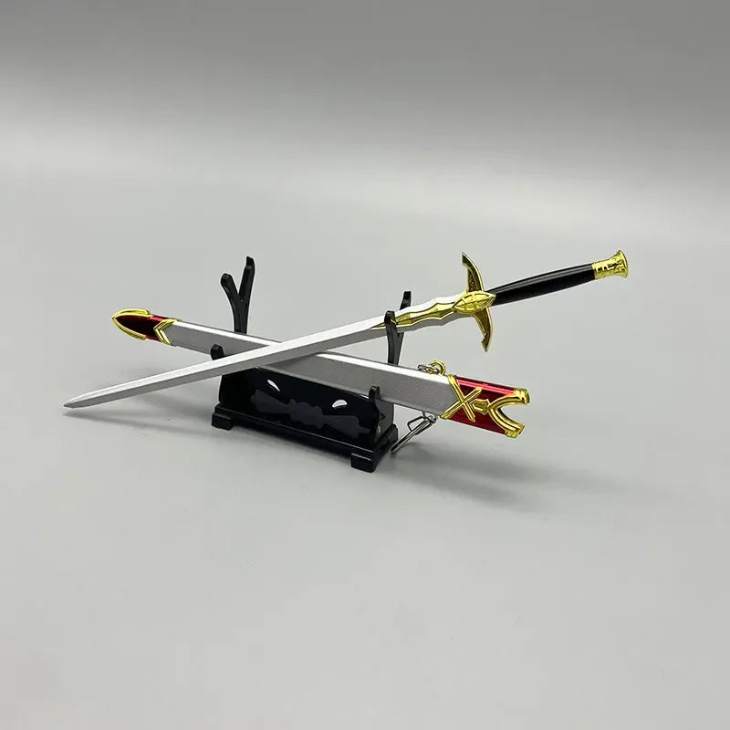 1:6 anime-style zinc alloy sword replica with gold and red details on display stand