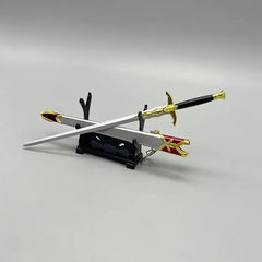 1:6 anime-style zinc alloy sword replica with gold and red details on display stand