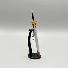 1:6 anime-style zinc alloy sword replica with gold and red accents on display stand