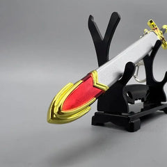 Anime-style zinc alloy sword replica with gold and red tip on display stand, BlacksmithSONG collectible.