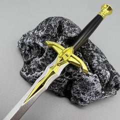 Anime-style zinc alloy sword replica with gold details on a black stone, BlacksmithSONG collectible.