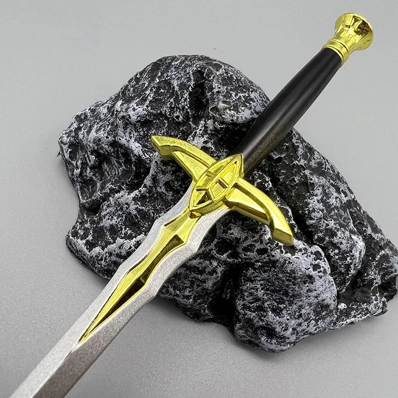 Anime-style zinc alloy sword replica with gold details on a black stone, BlacksmithSONG collectible.