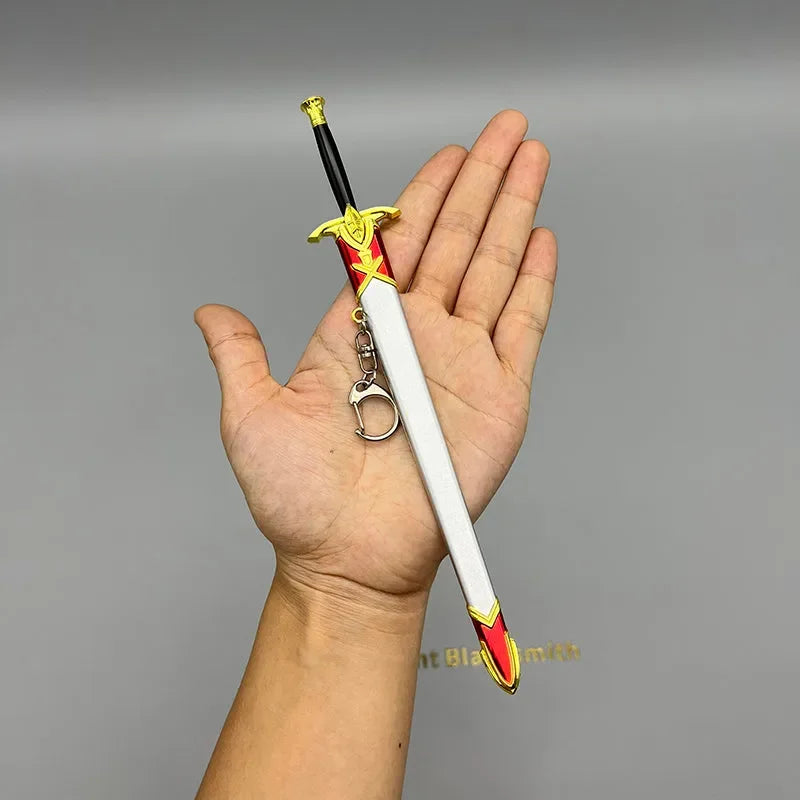 Hand holding 1:6 anime-style zinc alloy sword keychain with red and gold details, BlacksmithSONG collectible.