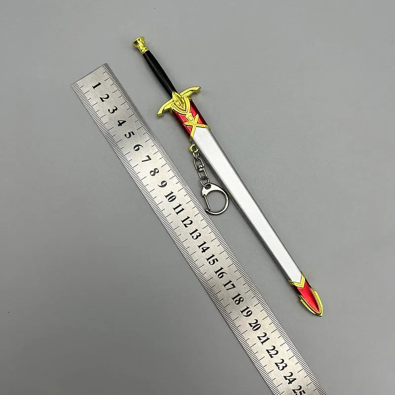 1:6 scale anime-style zinc alloy sword replica with keychain and ruler on gray background