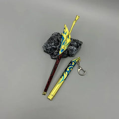 Anime-style 1:6 zinc alloy sword replica with gold and blue details, displayed with sheath and keychain, collectible by BlacksmithSONG.