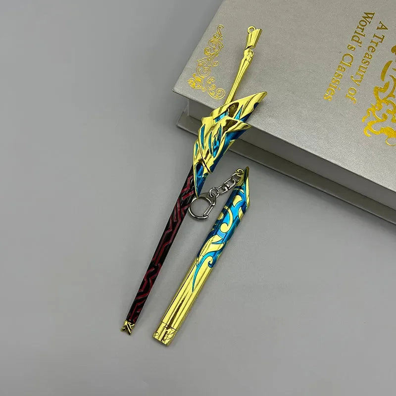 1:6 anime-style zinc alloy replica swords with gold and blue detailing, displayed on a book