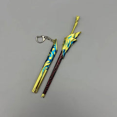 1:6 scale anime-style zinc alloy sword replica with gold, blue, and red design on gray background
