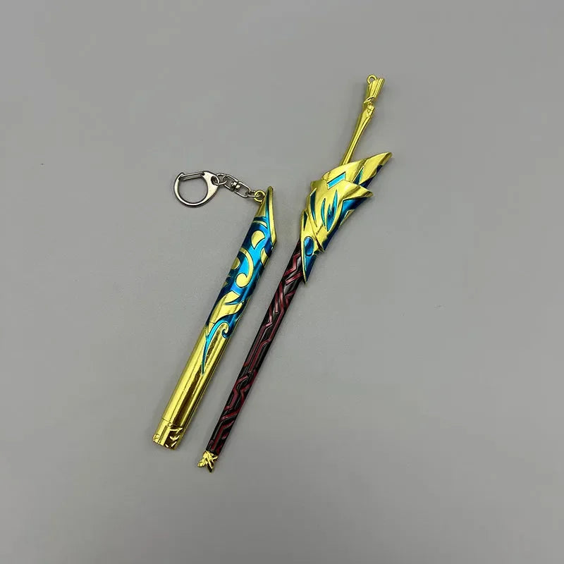 1:6 scale anime-style zinc alloy sword replica with gold, blue, and red design on gray background