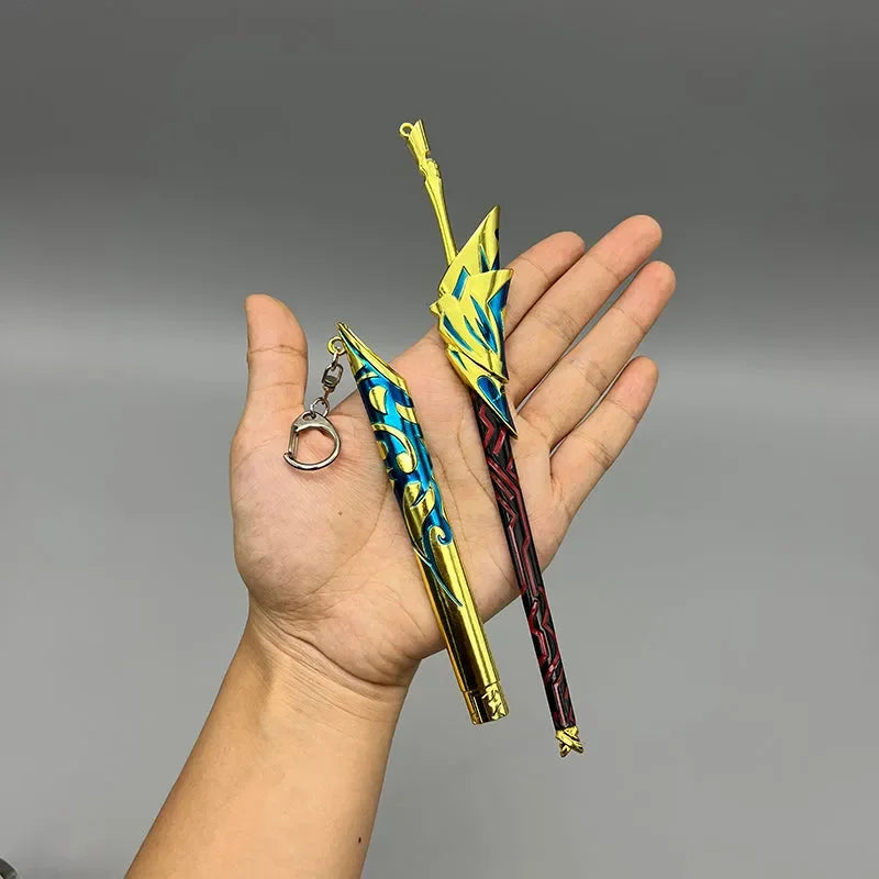 Hand holding 1:6 anime-style zinc alloy weapon replica with vibrant yellow and blue design