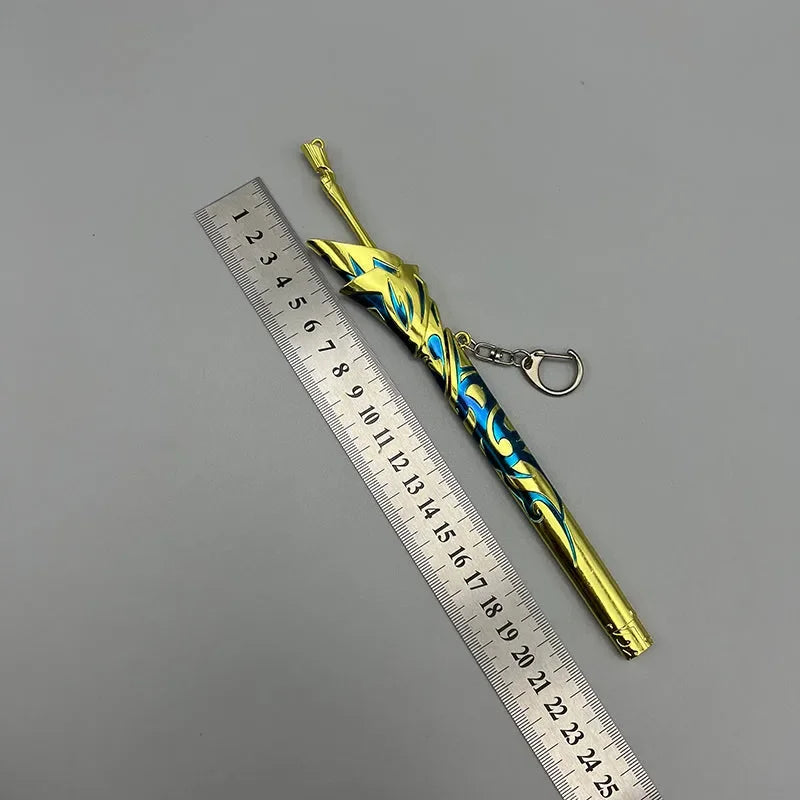 1:6 scale anime-style zinc alloy sword replica with blue and gold design beside a ruler
