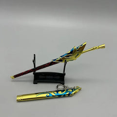 1:6 scale anime-style zinc alloy sword replica with gold, red, and blue details on display stand