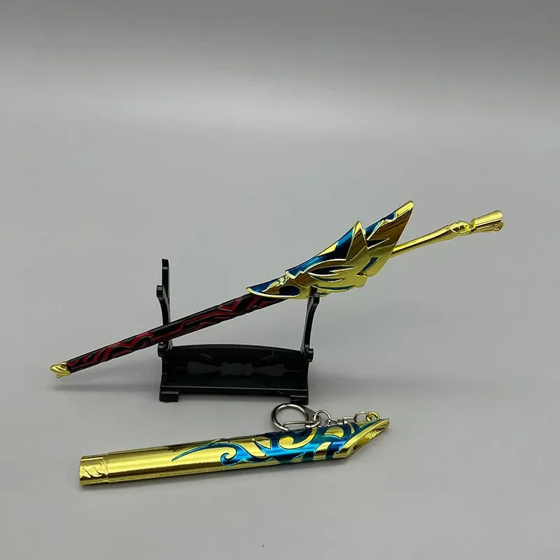 1:6 scale anime-style zinc alloy sword replica with gold, red, and blue details on display stand